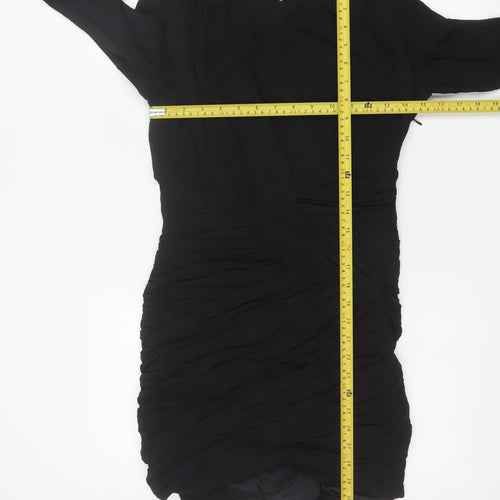 Zara Women Black S Ruched Bodycon Mini Dress Balloon Sleeves