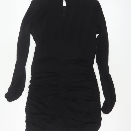 Zara Women Black S Ruched Bodycon Mini Dress Balloon Sleeves