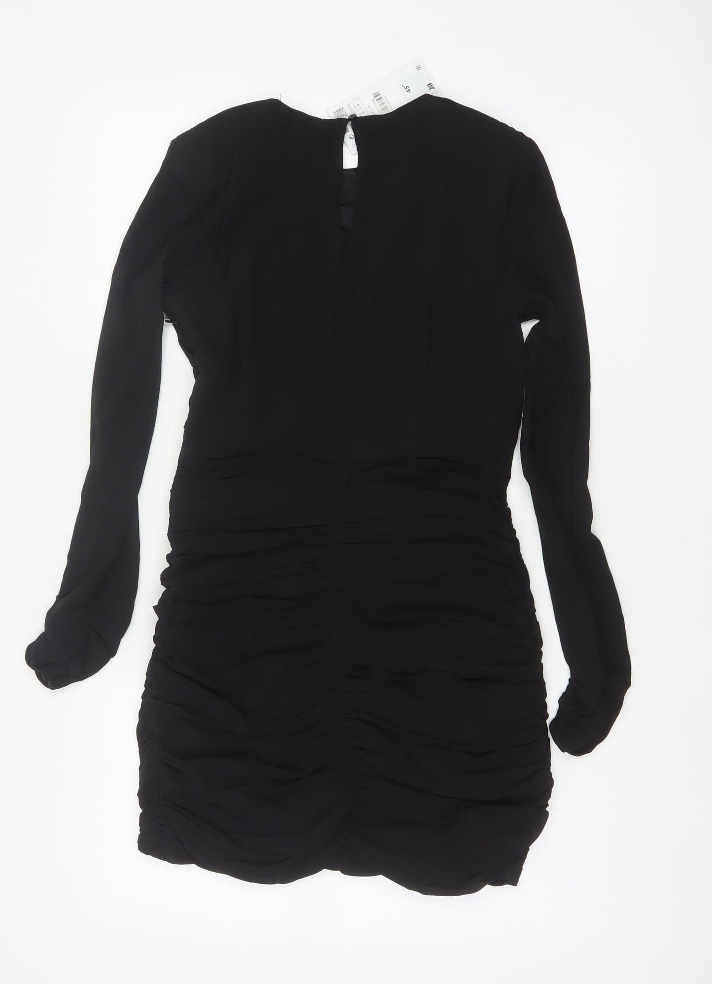 Zara Women Black S Ruched Bodycon Mini Dress Balloon Sleeves