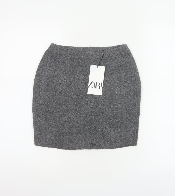 Zara Women Grey S Knit Pencil Mini Skirt High Rise Stretch
