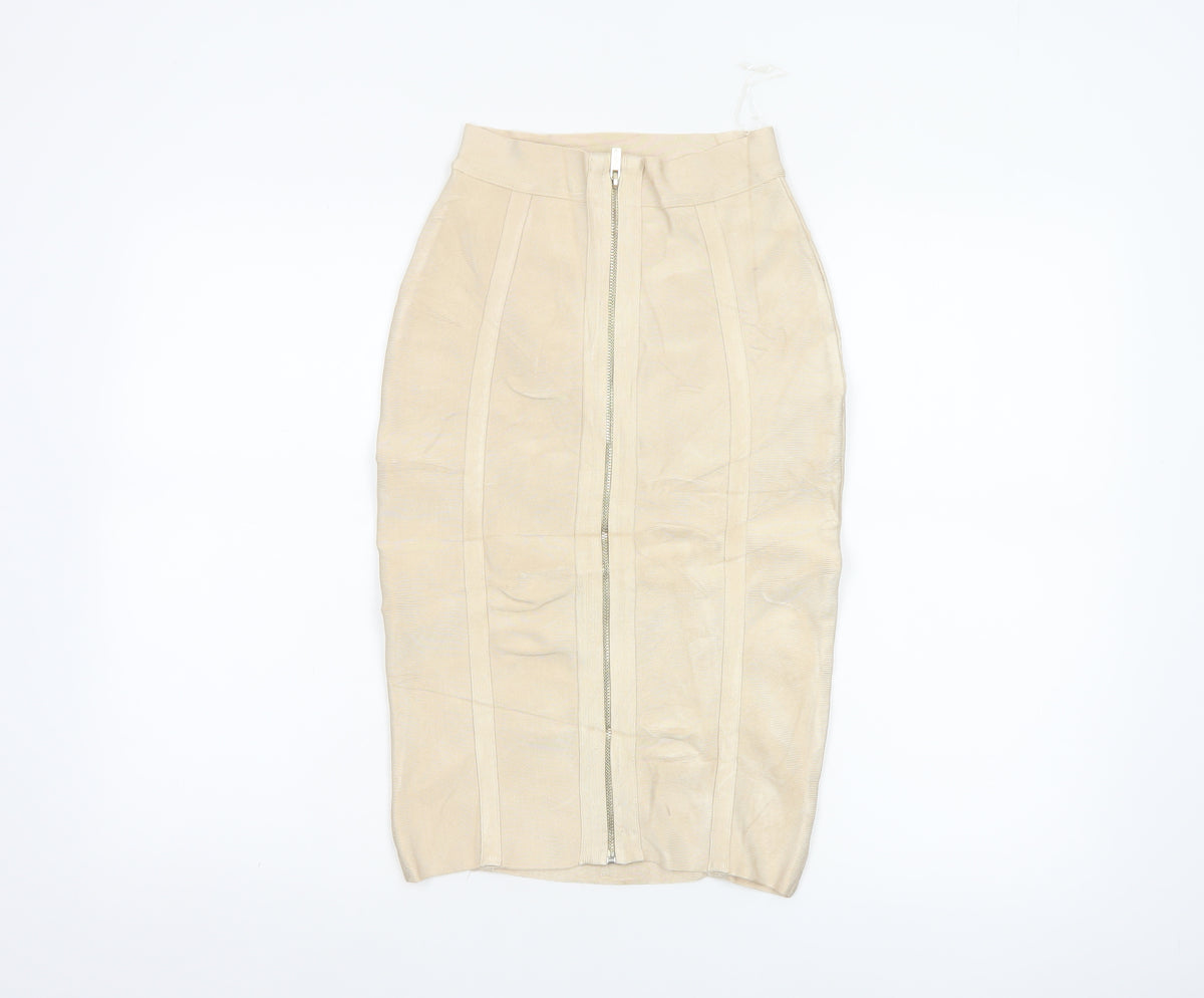 House of CB London Women Beige S Bandage Pencil Knee Length Skirt