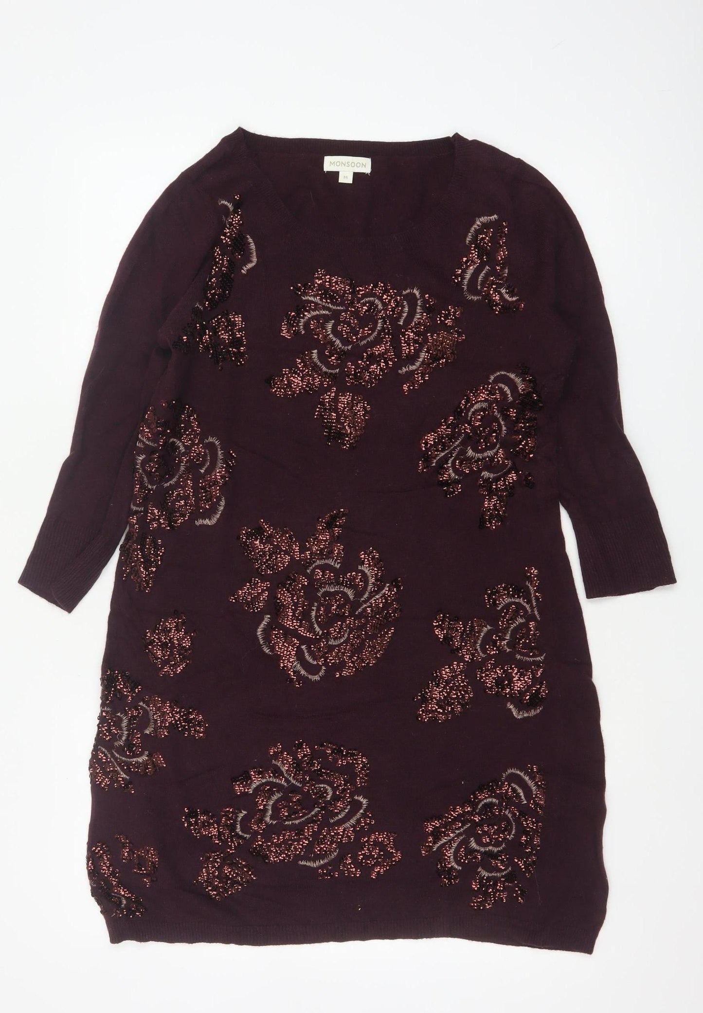 Monsoon Women Brown M Floral Beaded Embroidered Knit Tunic Jumper