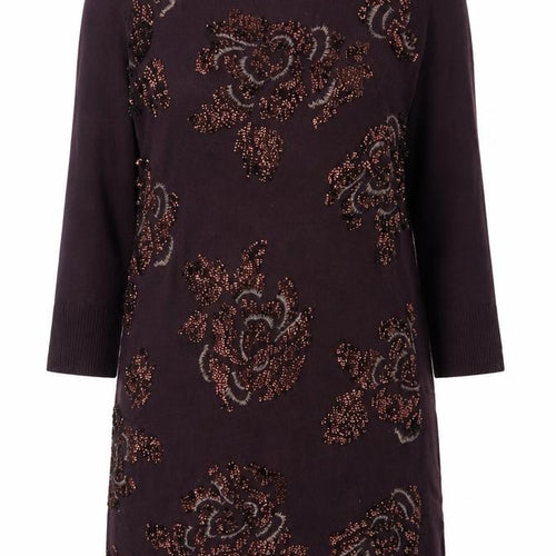 Monsoon Women Brown M Floral Beaded Embroidered Knit Tunic Jumper