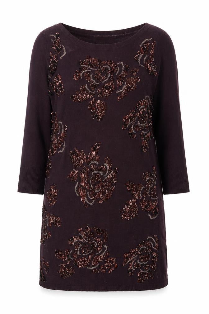 Monsoon Women Brown M Floral Beaded Embroidered Knit Tunic Jumper