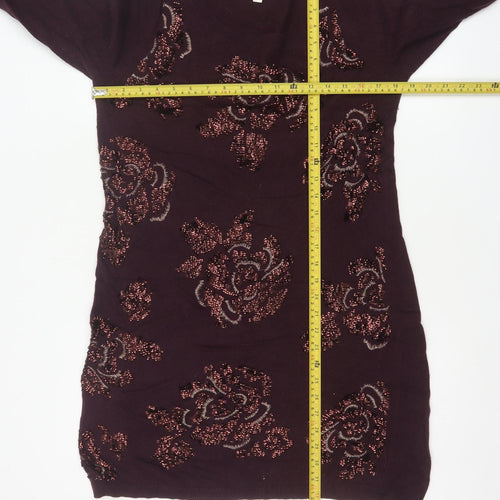 Monsoon Women Brown M Floral Beaded Embroidered Knit Tunic Jumper