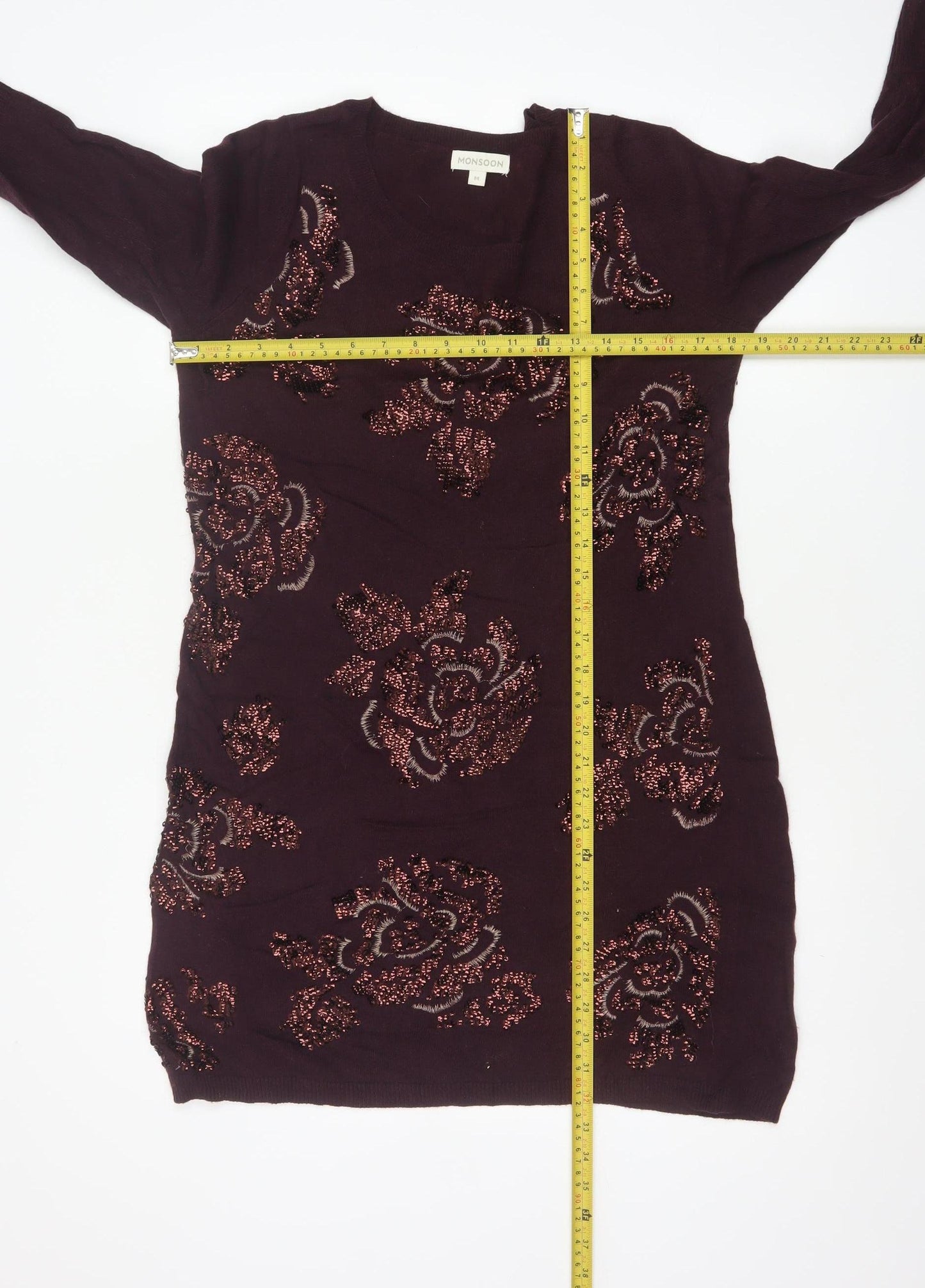 Monsoon Women Brown M Floral Beaded Embroidered Knit Tunic Jumper