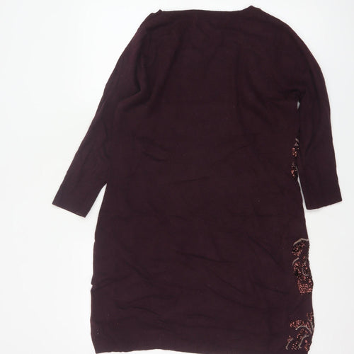 Monsoon Women Brown M Floral Beaded Embroidered Knit Tunic Jumper
