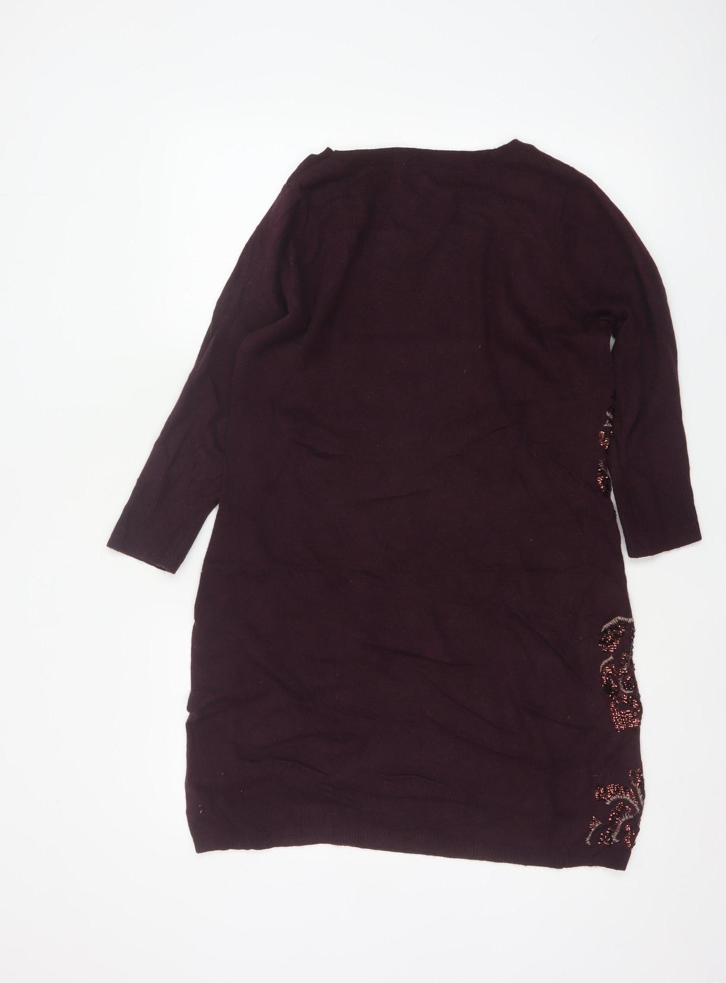 Monsoon Women Brown M Floral Beaded Embroidered Knit Tunic Jumper