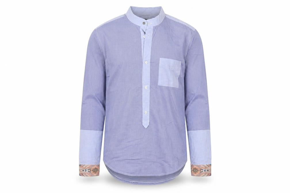 Front view of Matthew Williamson Men’s Blue Check Cotton Shirt, size 38, Aztec Trim