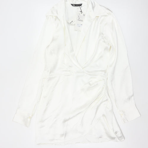 Zara Women White S Wrap Dress Collared Long Sleeve