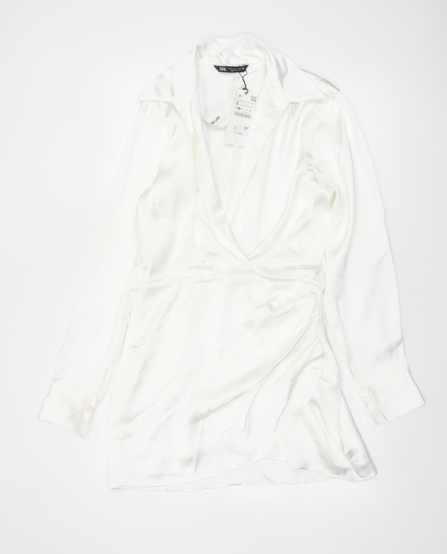 Zara Women White S Wrap Dress Collared Long Sleeve