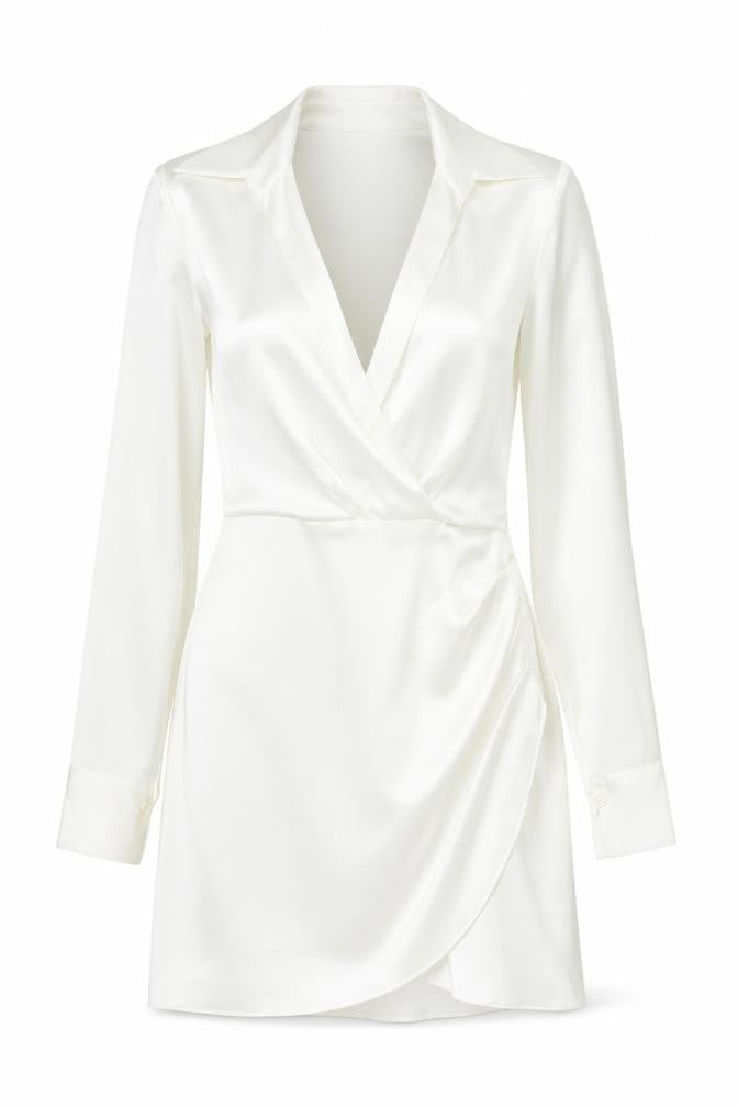 Front view of Zara Women White S Wrap Dress Collared Long Sleeve