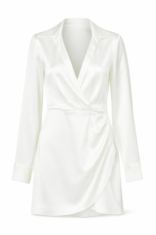 Front view of Zara Women White S Wrap Dress Collared Long Sleeve