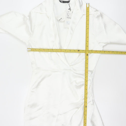 Zara Women White S Wrap Dress Collared Long Sleeve