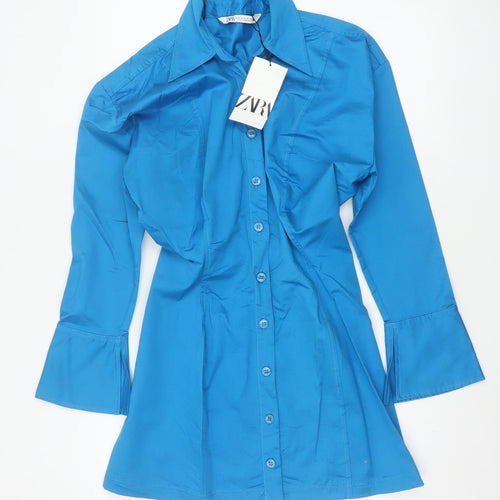 Zara Women Blue M Shirt Dress Collared Button Front Flared Cuff NWT
