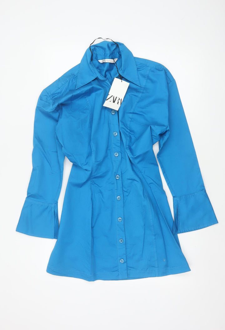 Zara Women Blue M Shirt Dress Collared Button Front Flared Cuff NWT