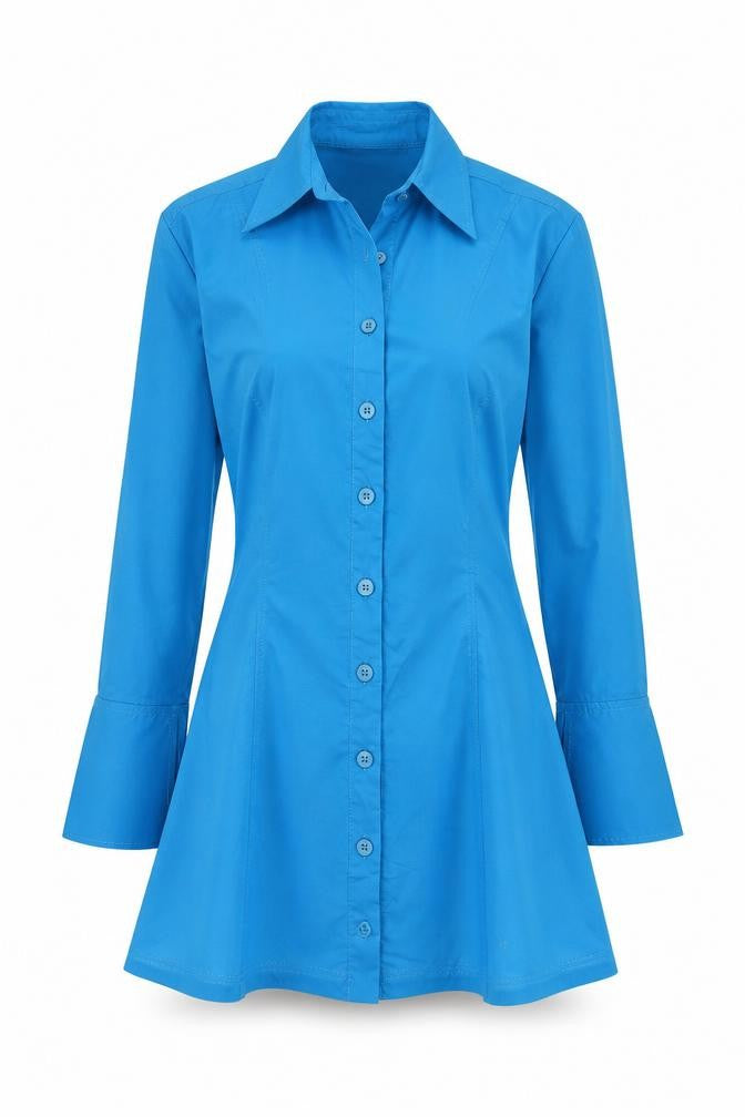 Front view of Zara Women Blue M Shirt Dress Collared Button Front Flared Cuff NWT