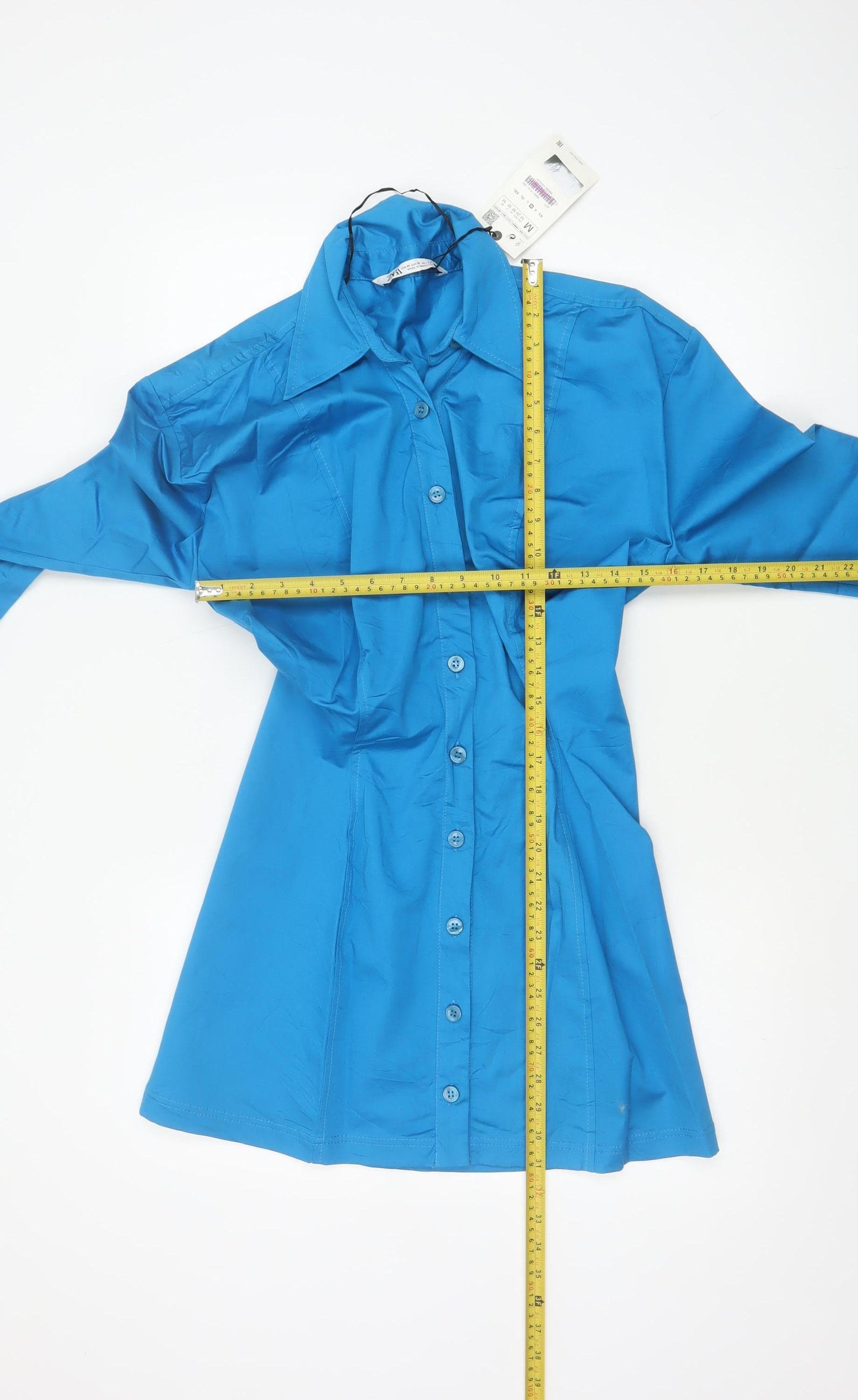 Zara Women Blue M Shirt Dress Collared Button Front Flared Cuff NWT
