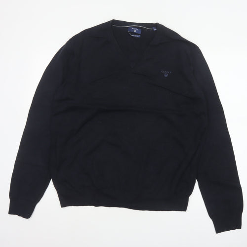 GANT Men’s Black XL Cotton V-Neck Logo Pullover Jumper