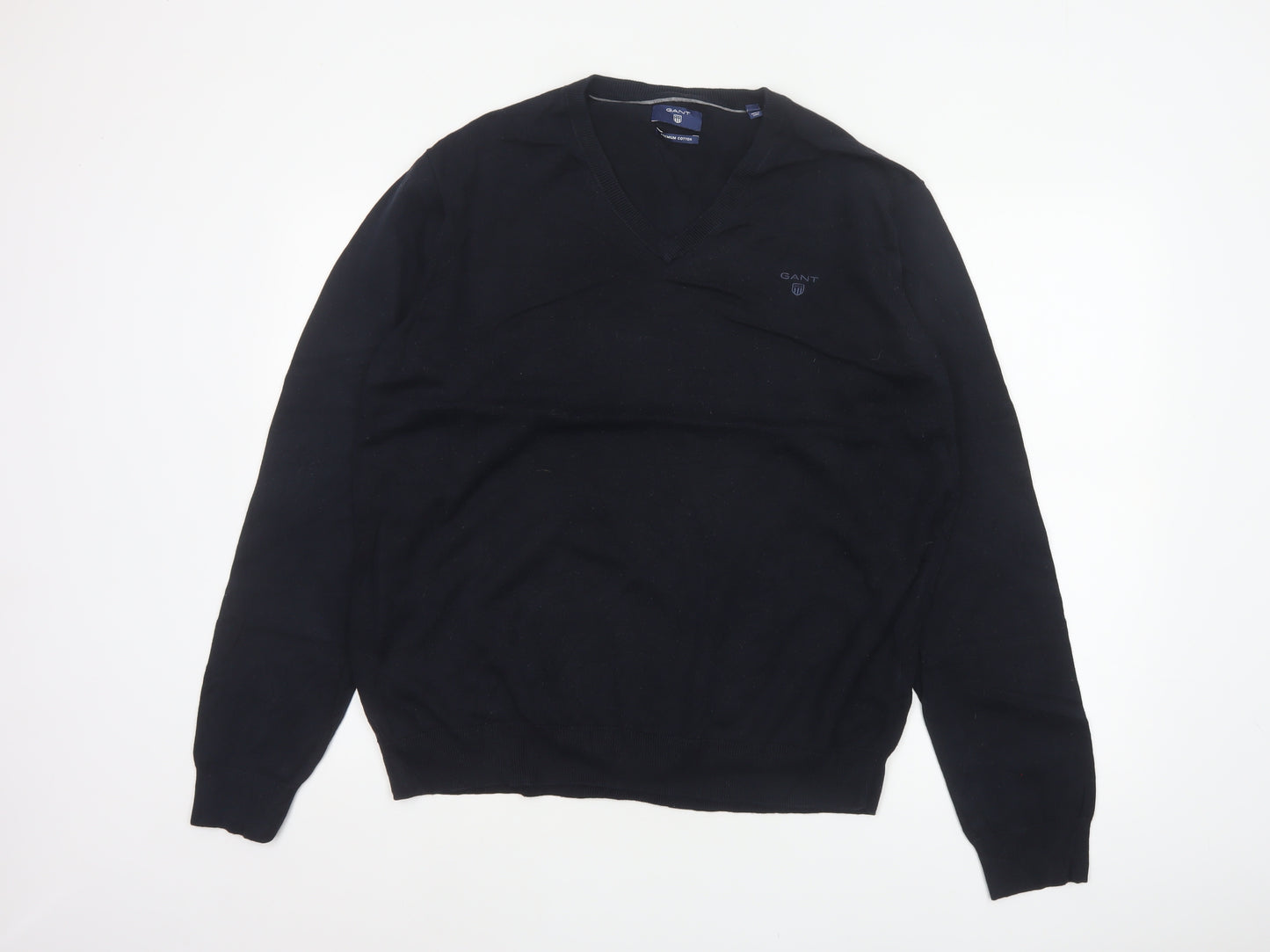 GANT Men’s Black XL Cotton V-Neck Logo Pullover Jumper