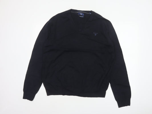 GANT Men’s Black XL Cotton V-Neck Logo Pullover Jumper