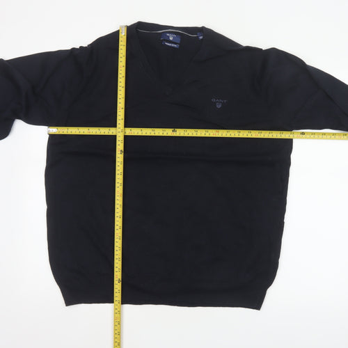 GANT Men’s Black XL Cotton V-Neck Logo Pullover Jumper