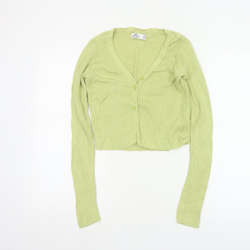 Hollister Women Green XS Rib Knit V-Neck Button Cardigan