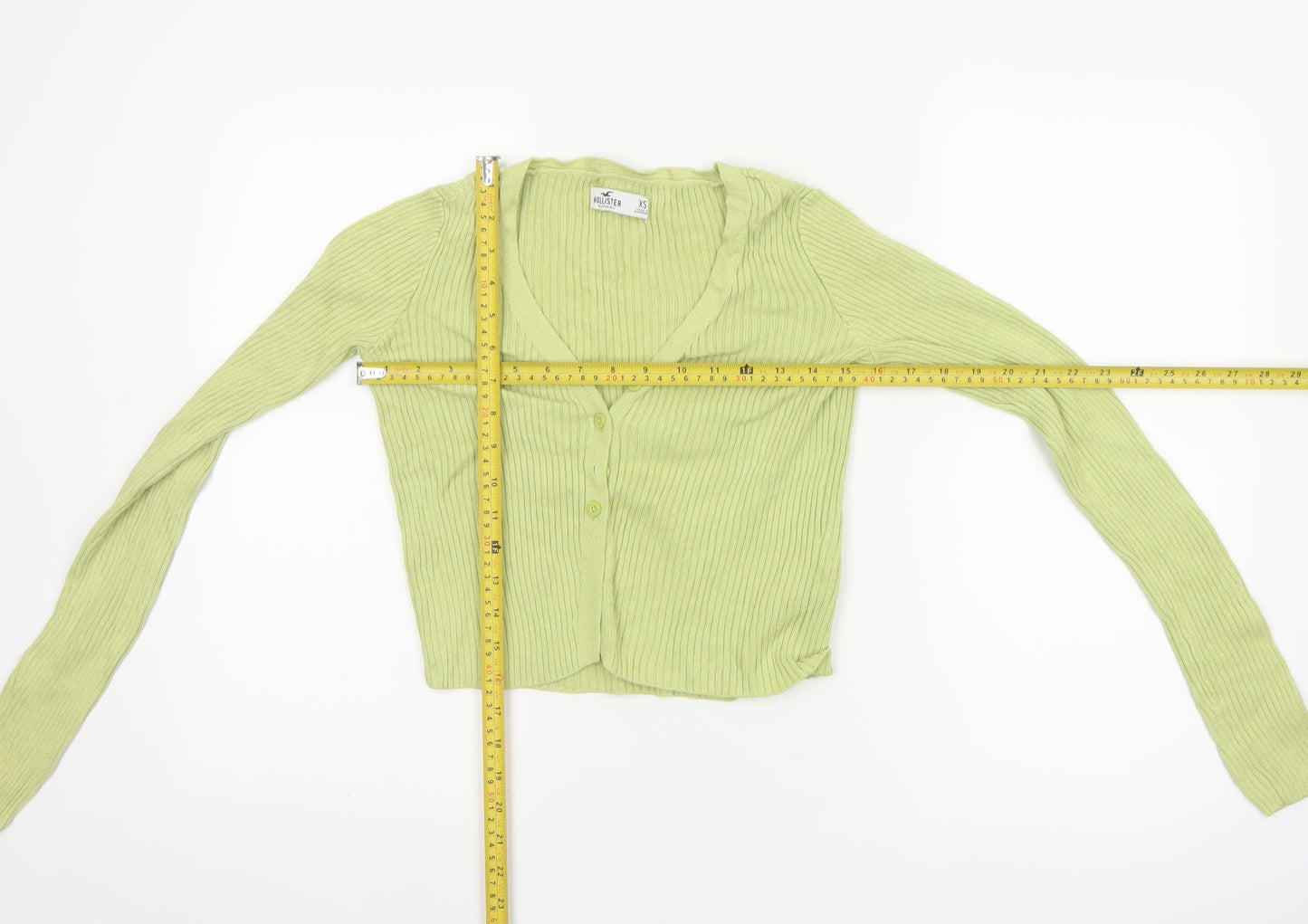 Hollister Women Green XS Rib Knit V-Neck Button Cardigan