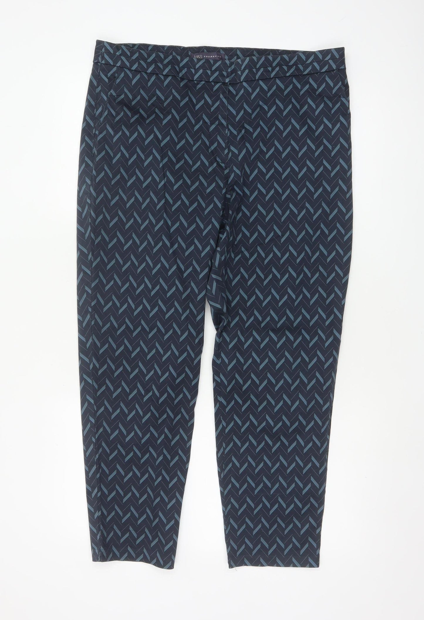 Marks and Spencer Women Blue Geometric Tapered Trousers UK 16