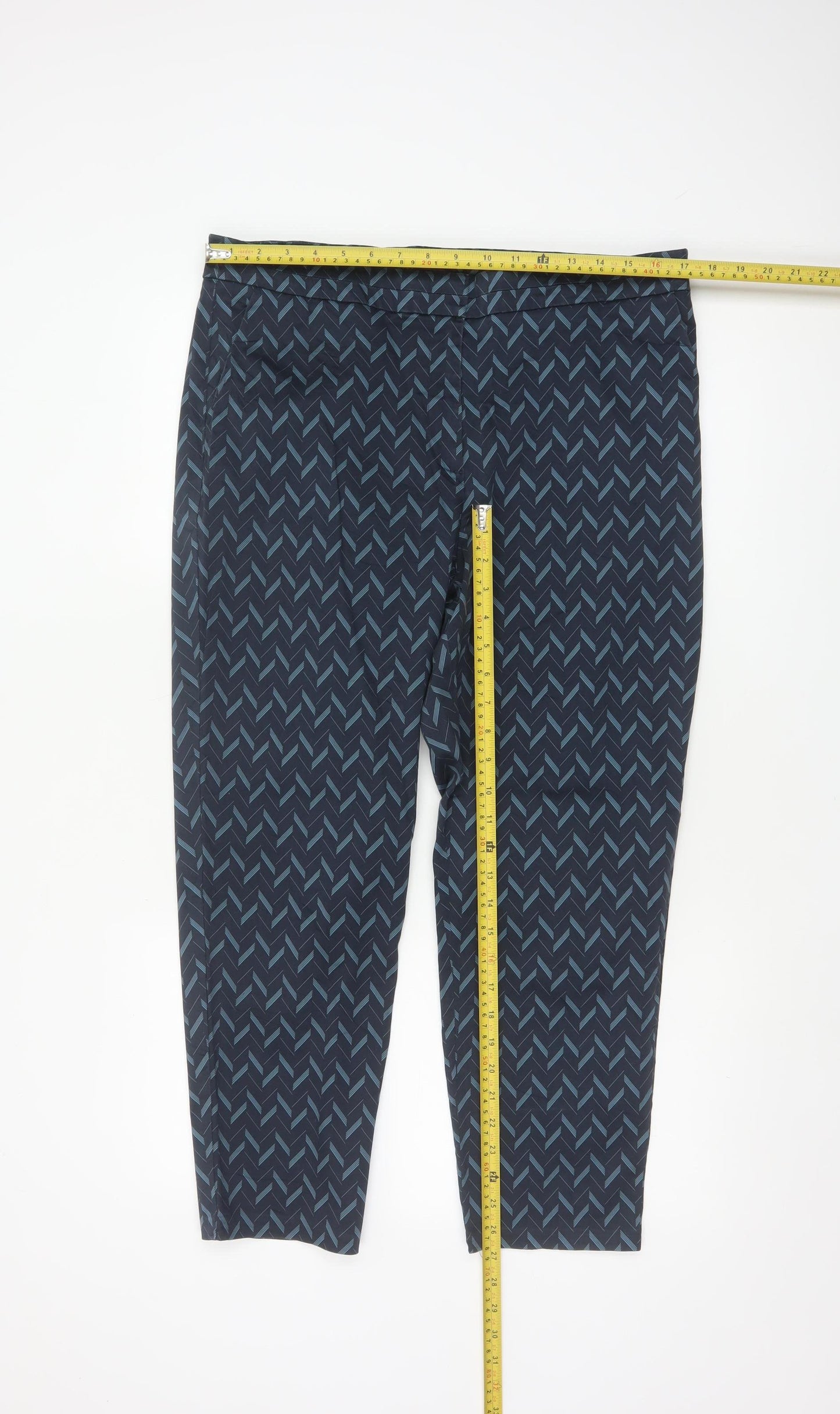 Marks and Spencer Women Blue Geometric Tapered Trousers UK 16