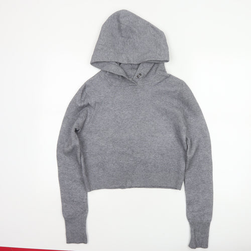 Zara Knit Women Grey S Hooded Pullover Jumper High Neck Viscose Blend
