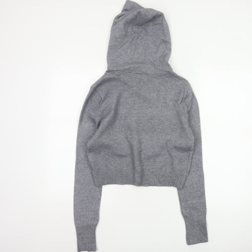 Zara Knit Women Grey S Hooded Pullover Jumper High Neck Viscose Blend
