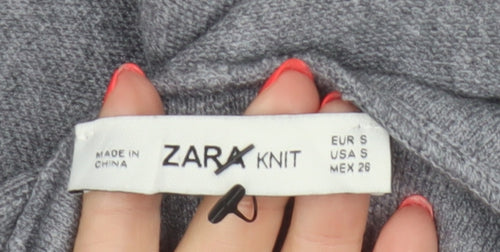 Zara Knit Women Grey S Hooded Pullover Jumper High Neck Viscose Blend