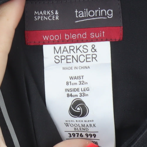 Marks & Spencer Men’s Black Pinstripe Wool Blend 32in 33in Dress Trousers