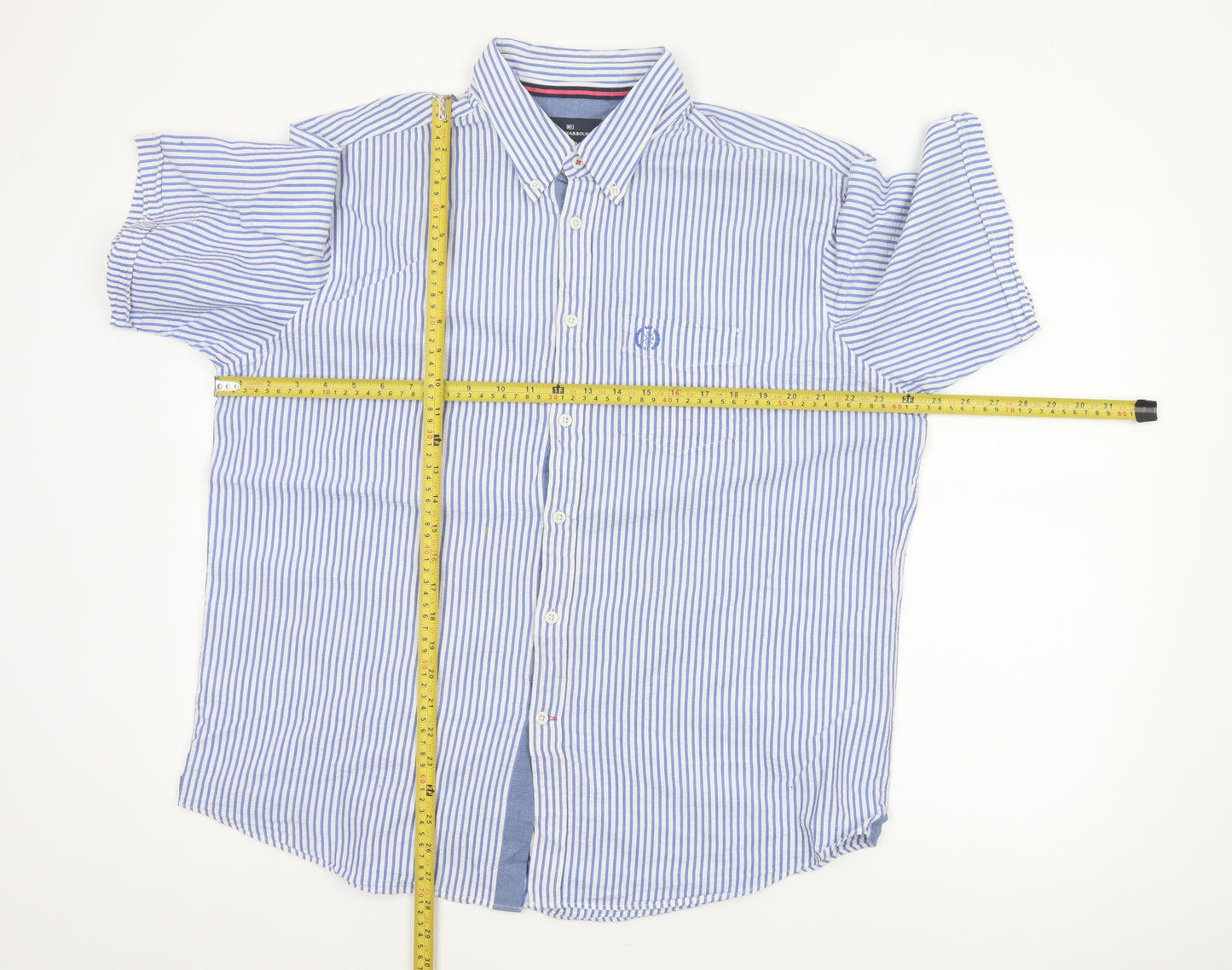 Marks and Spencer Blue Harbour Men's XL Blue Striped Cotton Button-Up Shirt
