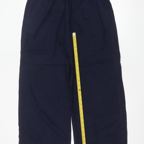 M&S Women Blue Linen Blend Size 12 Short Wide Leg Drawstring Trousers