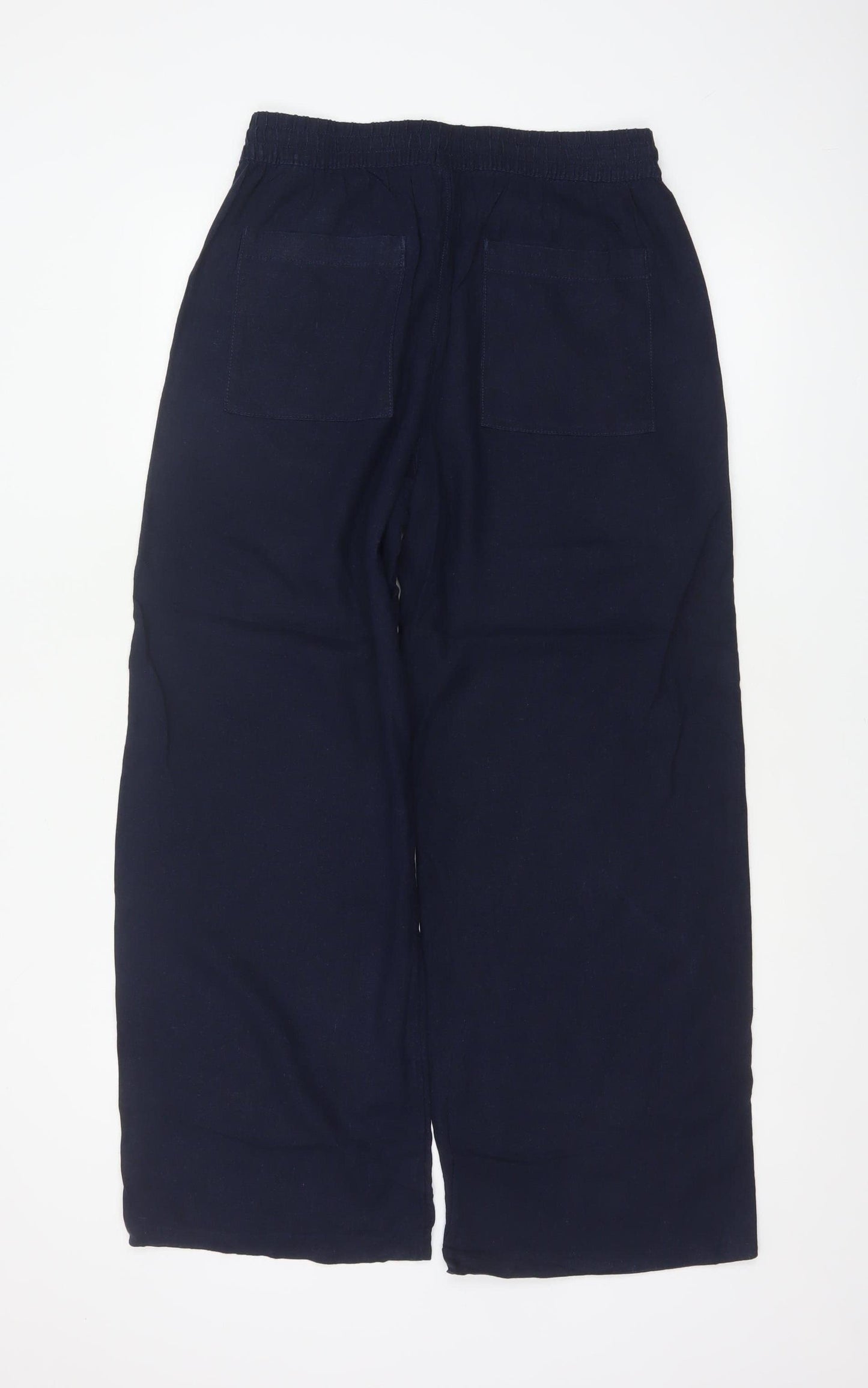 M&S Women Blue Linen Blend Size 12 Short Wide Leg Drawstring Trousers