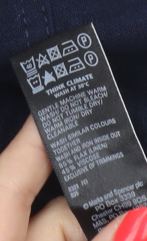 M&S Women Blue Linen Blend Size 12 Short Wide Leg Drawstring Trousers