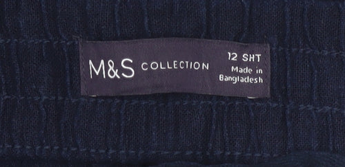 M&S Women Blue Linen Blend Size 12 Short Wide Leg Drawstring Trousers
