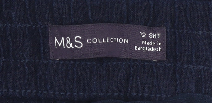 M&S Women Blue Linen Blend Size 12 Short Wide Leg Drawstring Trousers