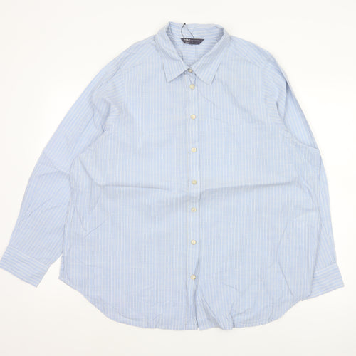 Marks and Spencer Women Blue UK 18 Regular Striped Cotton Button-Up Shirt