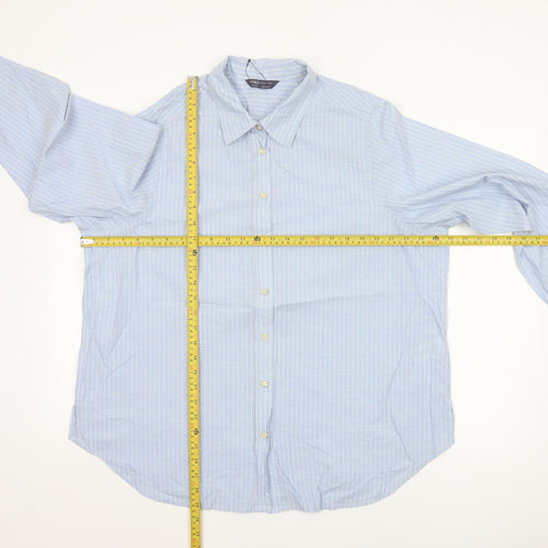 Marks and Spencer Women Blue UK 18 Regular Striped Cotton Button-Up Shirt