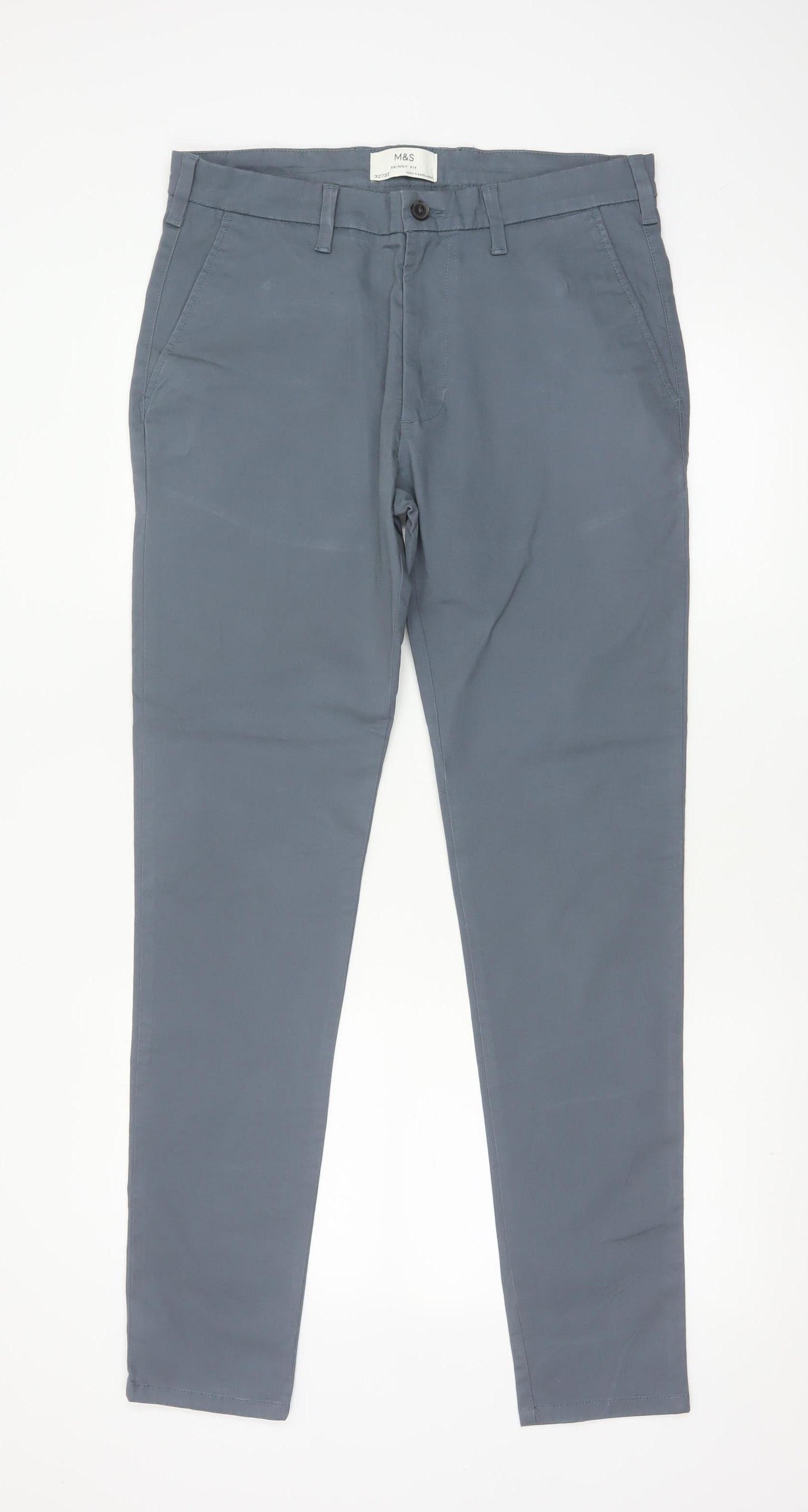 M&S Mens Grey 32in Skinny Fit Stretch Cotton Chino Trousers 33in Leg