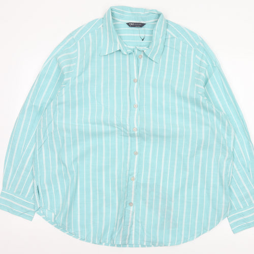 Marks and Spencer Women Blue Stripe Cotton Button-Up Shirt UK 18