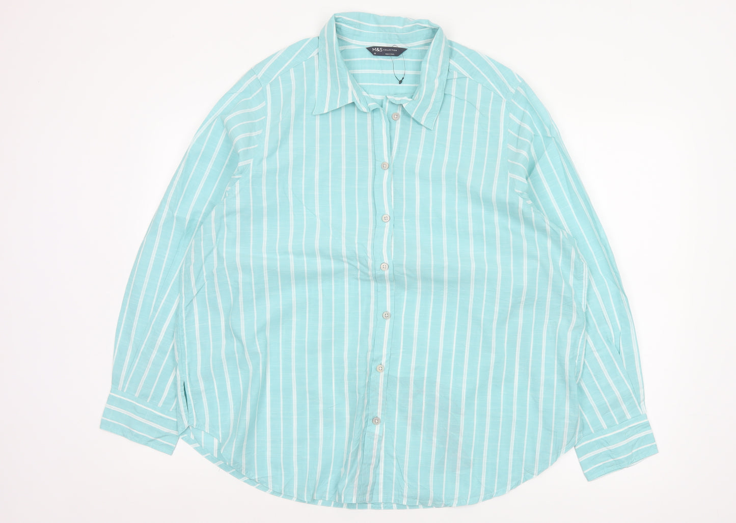 Marks and Spencer Women Blue Stripe Cotton Button-Up Shirt UK 18