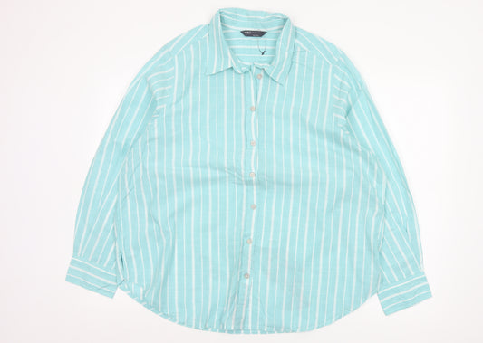 Marks and Spencer Women Blue Stripe Cotton Button-Up Shirt UK 18