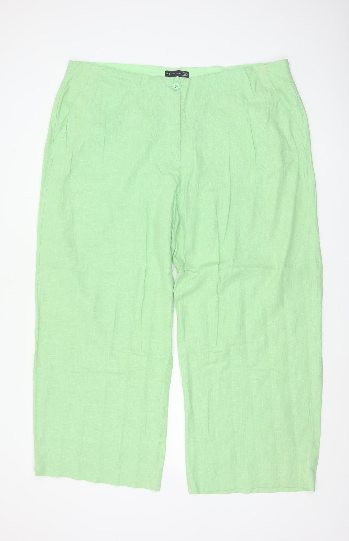 Marks & Spencer Women’s Green Linen Blend Straight Trousers UK 22 Short