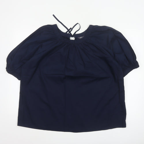 Marks and Spencer Women Blue Size 14 Tie Neck Puff Sleeve Blouse