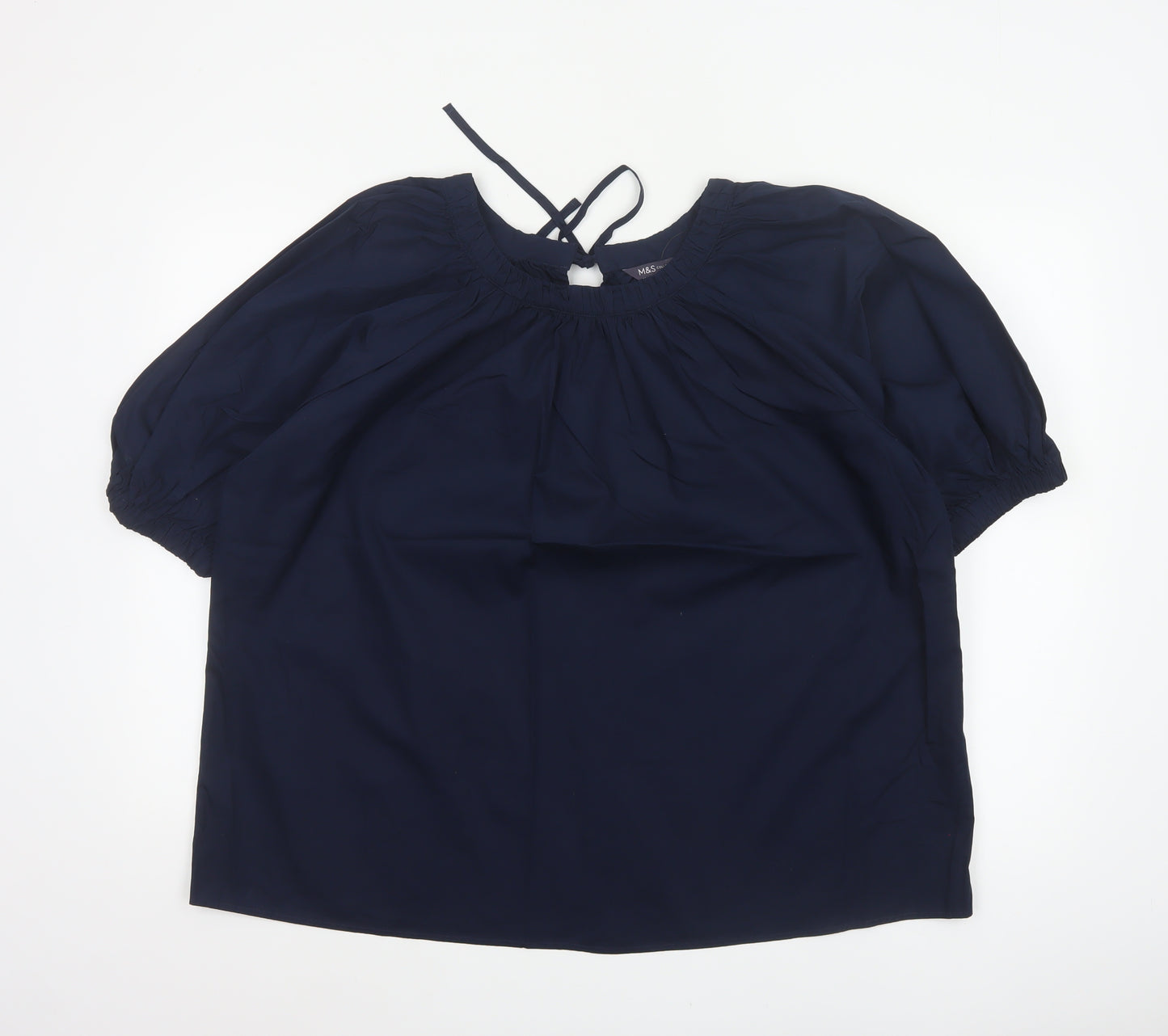 Marks and Spencer Women Blue Size 14 Tie Neck Puff Sleeve Blouse