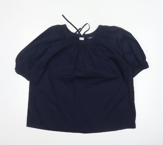 Marks and Spencer Women Blue Size 14 Tie Neck Puff Sleeve Blouse